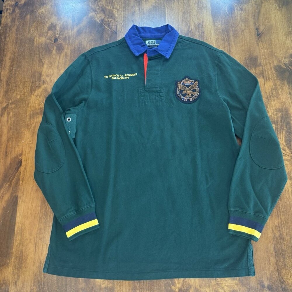 Polo by Ralph Lauren Green Long Sleeve Rugby Shirt with Blue Collar